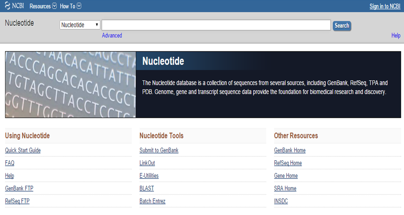 Nucleotide database homepage at NCBI