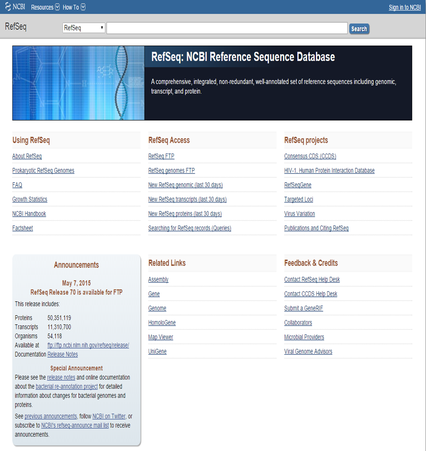 RefSeq database homepage at NCBI